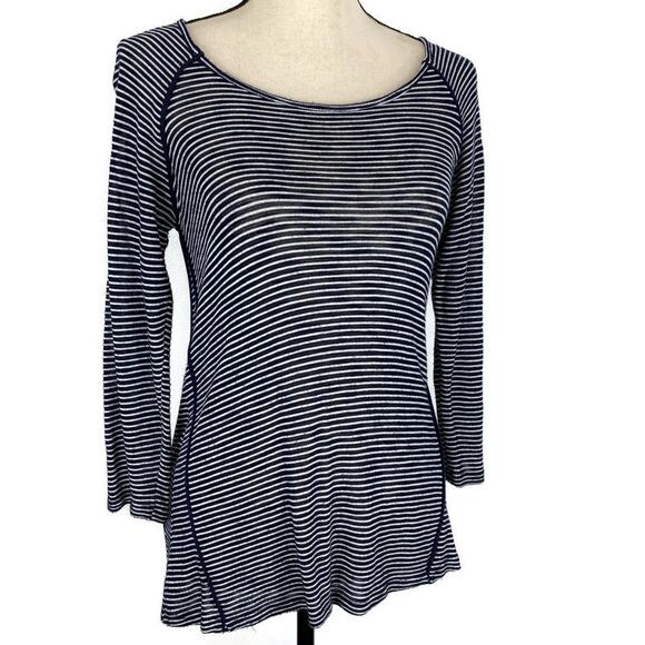 TOBI Slub Panel Blouse Navy Blue White Striped 3/4 Sleeve Scoopneck Womens - Picture 1 of 8